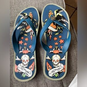 Ed Hardy Blue rubber beach Thong Flip flops skull eagle Stars graphics Logo 13